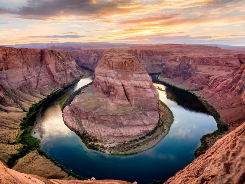 aerial view of horseshoe bend at sunset