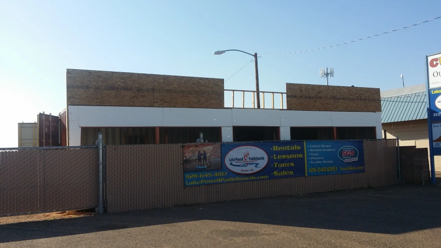 The front of Lake Powell Paddleboard and Kayaks shop under construction