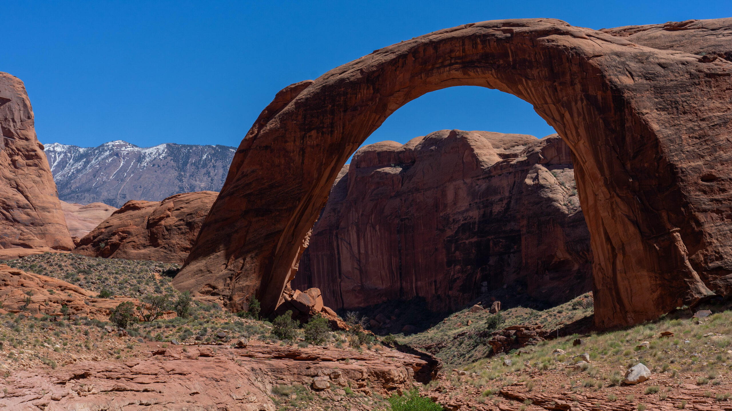 A large rock formation arch in a desert landscape